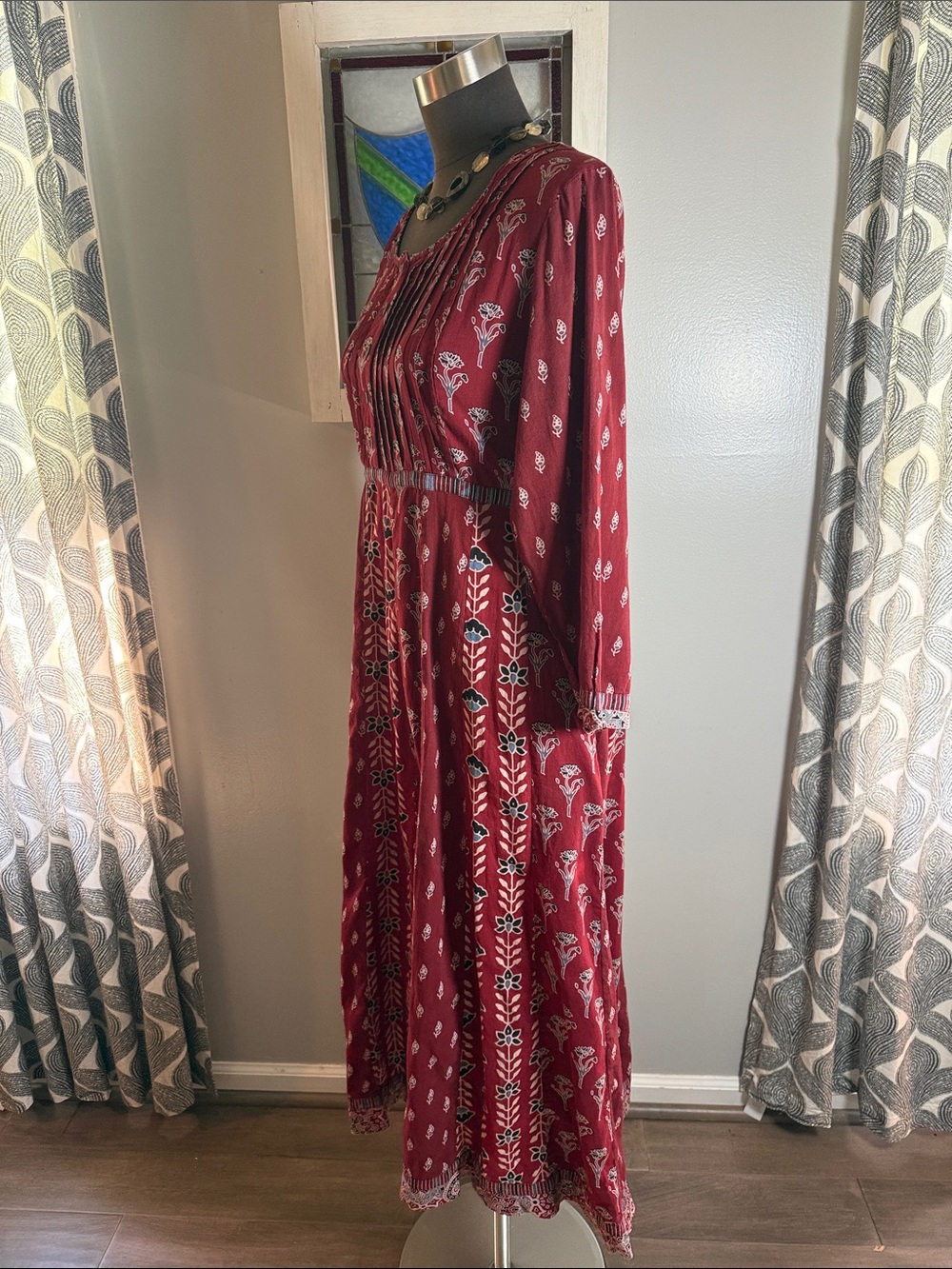 April Cornell 100% Cotton Blockprint Made in India Tie back Maxi Dress SZ L - Picture 4 of 12